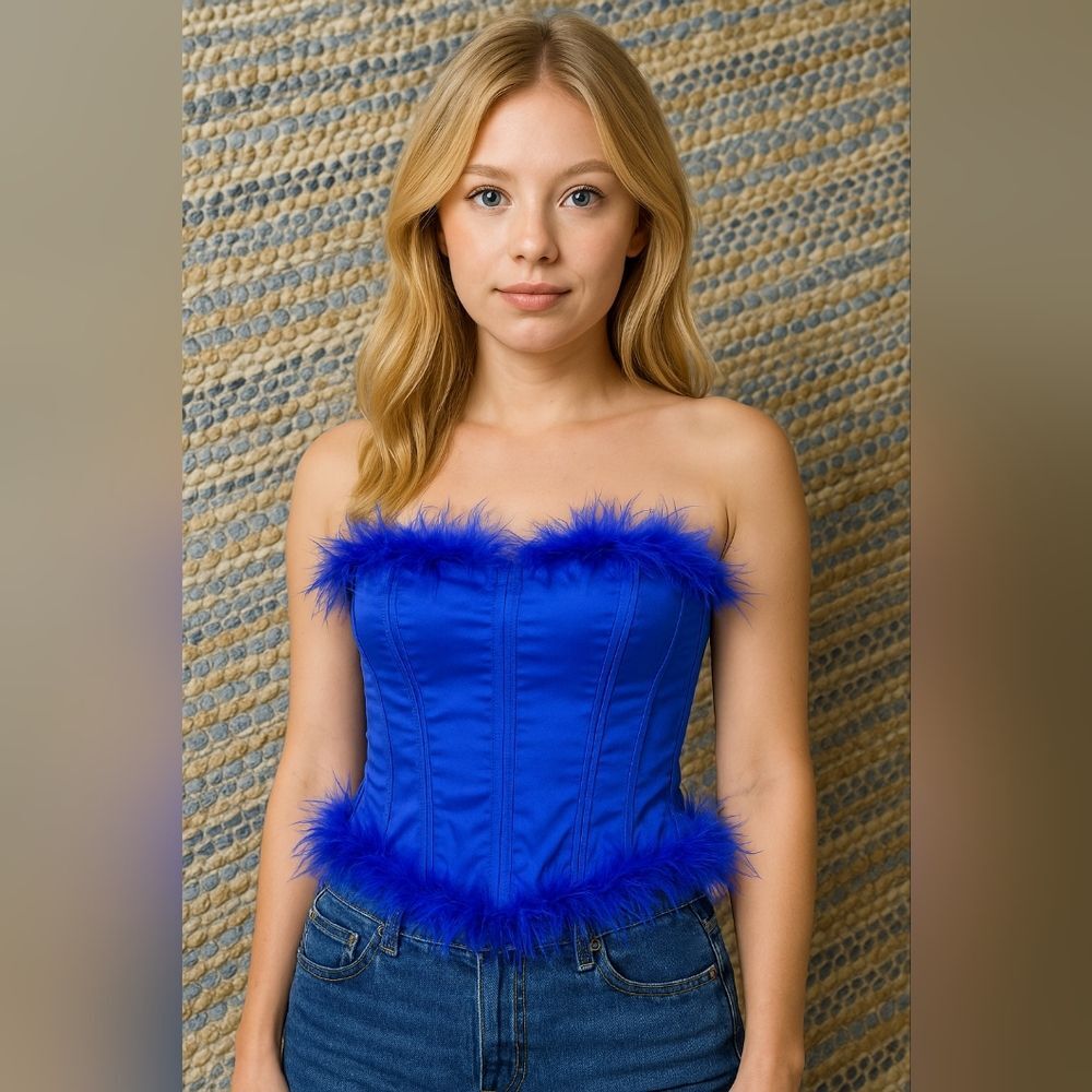 ILLA ILLA Royal Blue Marabou Feather Trim Corset Top Size 8 Y2K Party Tube Top